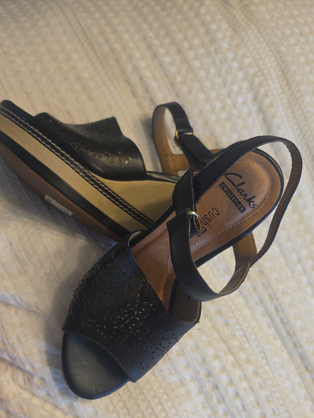 Clarks Black Perforated Leather Slingback Wedge Sandals